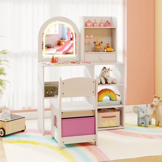 Kids Vanity Set Princess Girls Makeup Vanity Desk with Chair and 3-Color LED Lighted Mirror-White - White - Kids