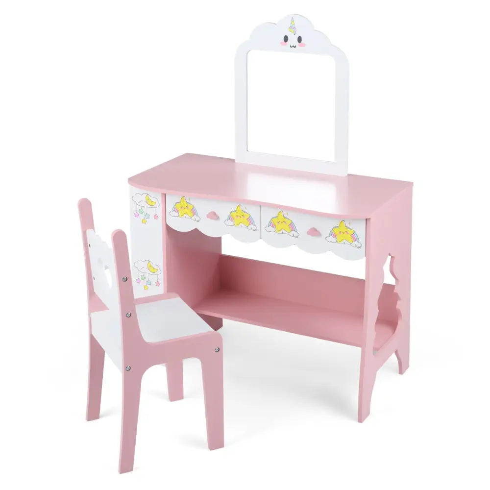 Kids Vanity Set Princess Girls Makeup Table with Mirror and Chair-White - White - Kids Vanities