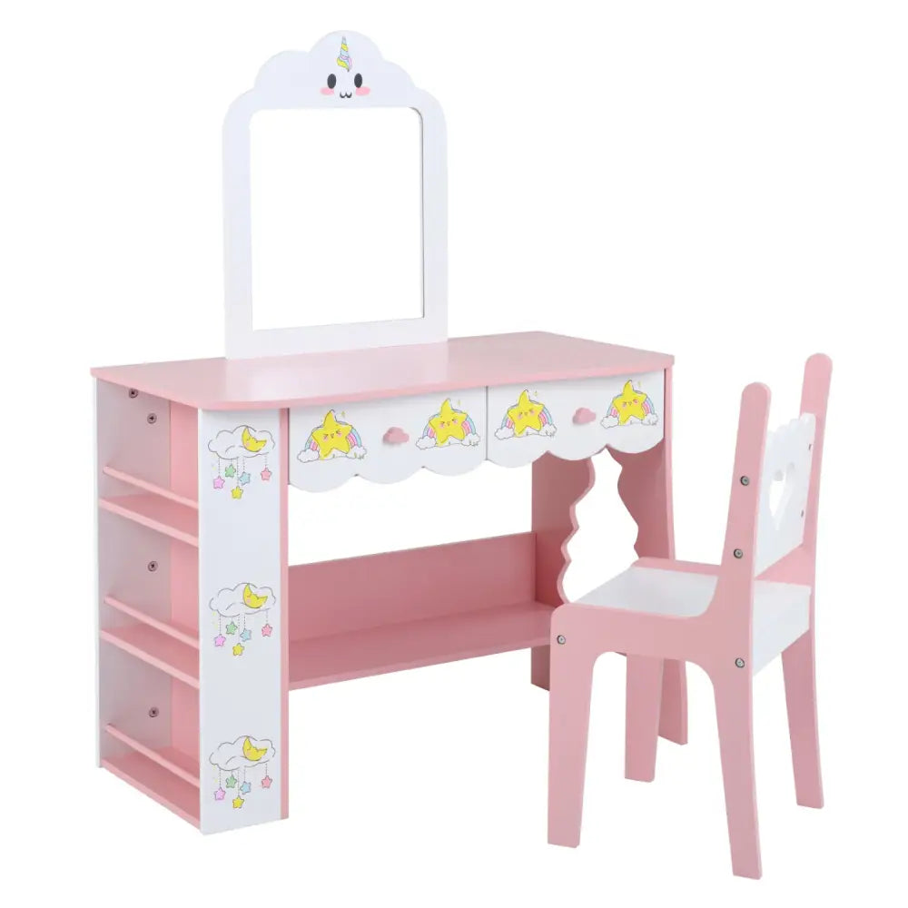 Kids Vanity Set Princess Girls Makeup Table with Mirror and Chair-White - White - Kids Vanities