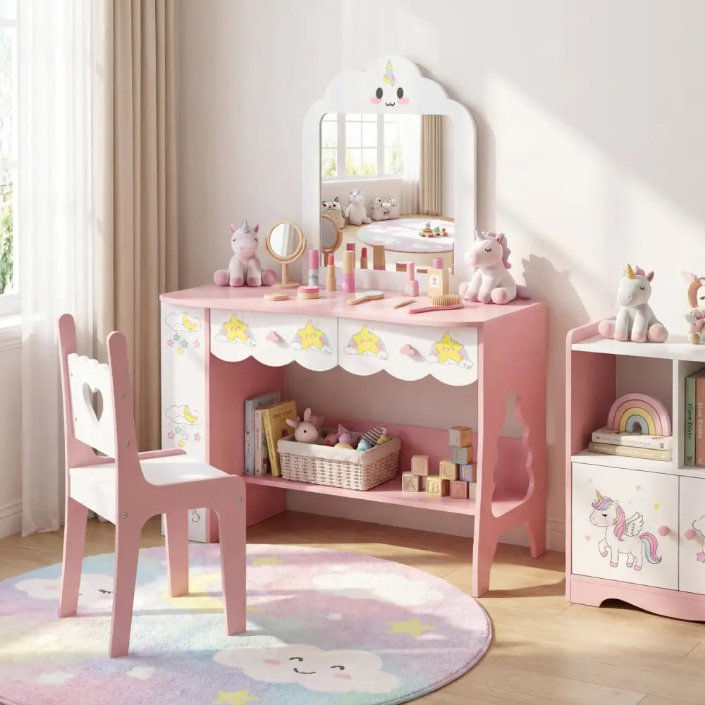 Kids Vanity Set Princess Girls Makeup Table with Mirror and Chair-White - White - Kids Vanities