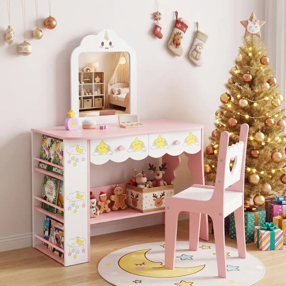 Kids Vanity Set Princess Girls Makeup Table with Mirror and Chair-White - White - Kids Vanities