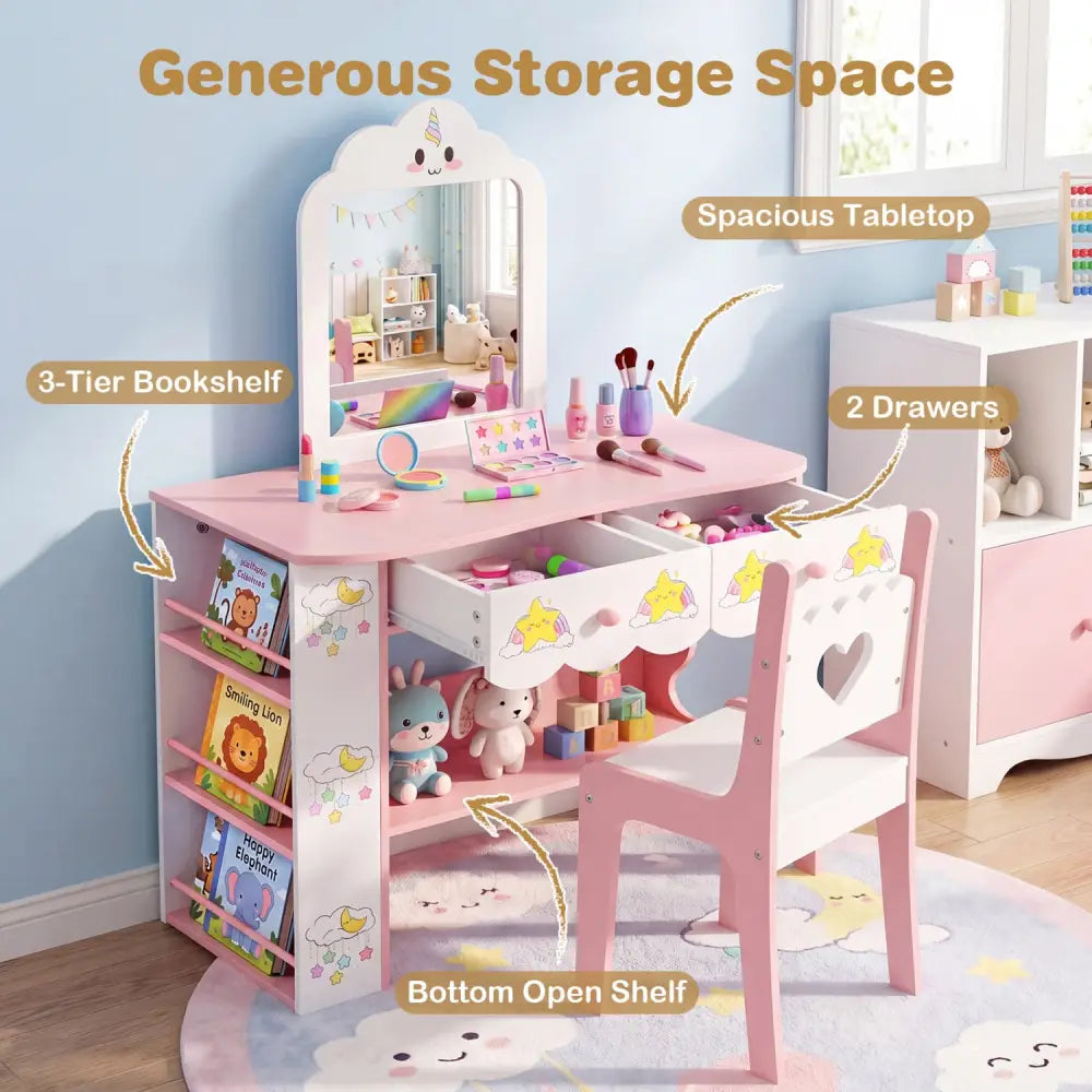 Kids Vanity Set Princess Girls Makeup Table with Mirror and Chair-White - White - Kids Vanities