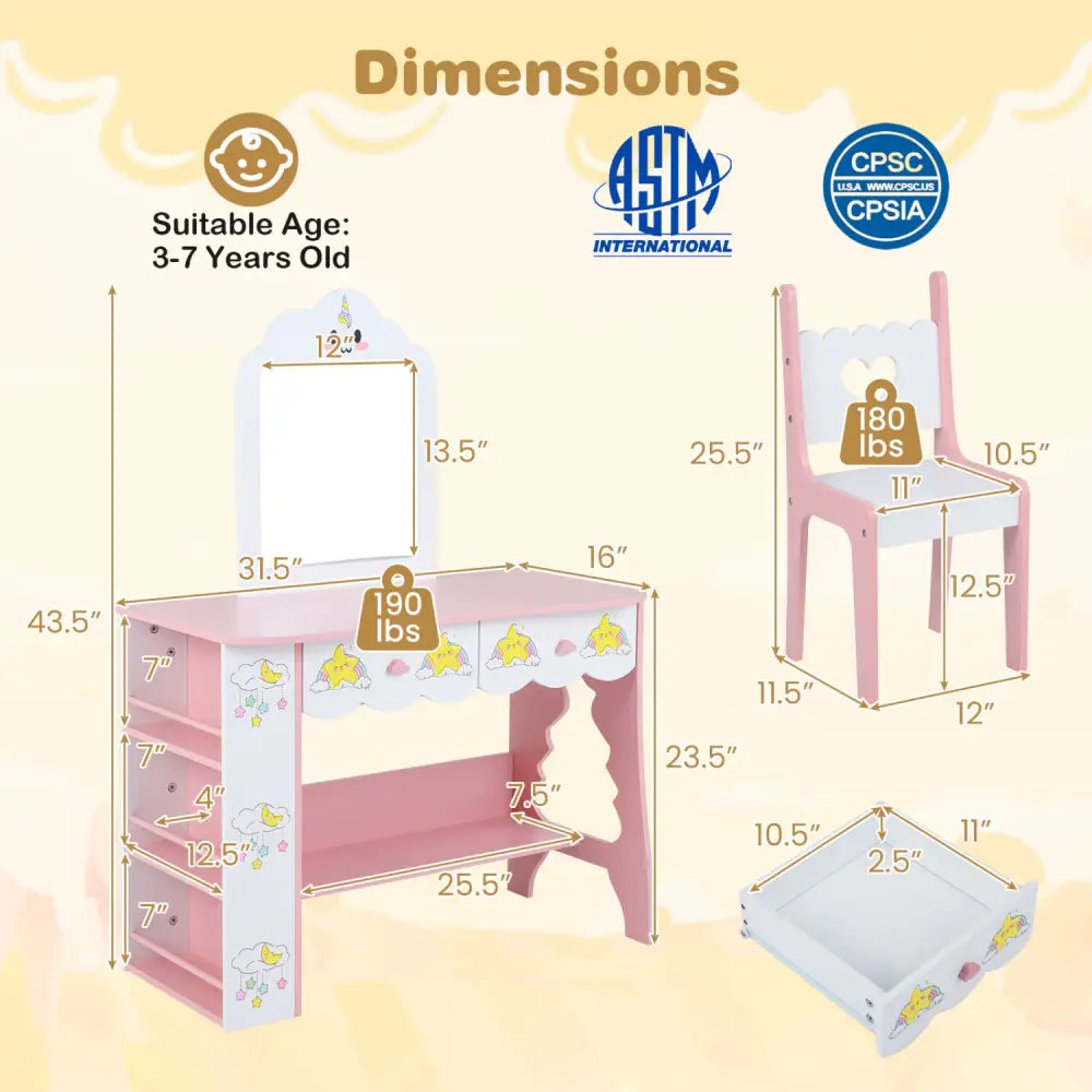 Kids Vanity Set Princess Girls Makeup Table with Mirror and Chair-White - White - Kids Vanities