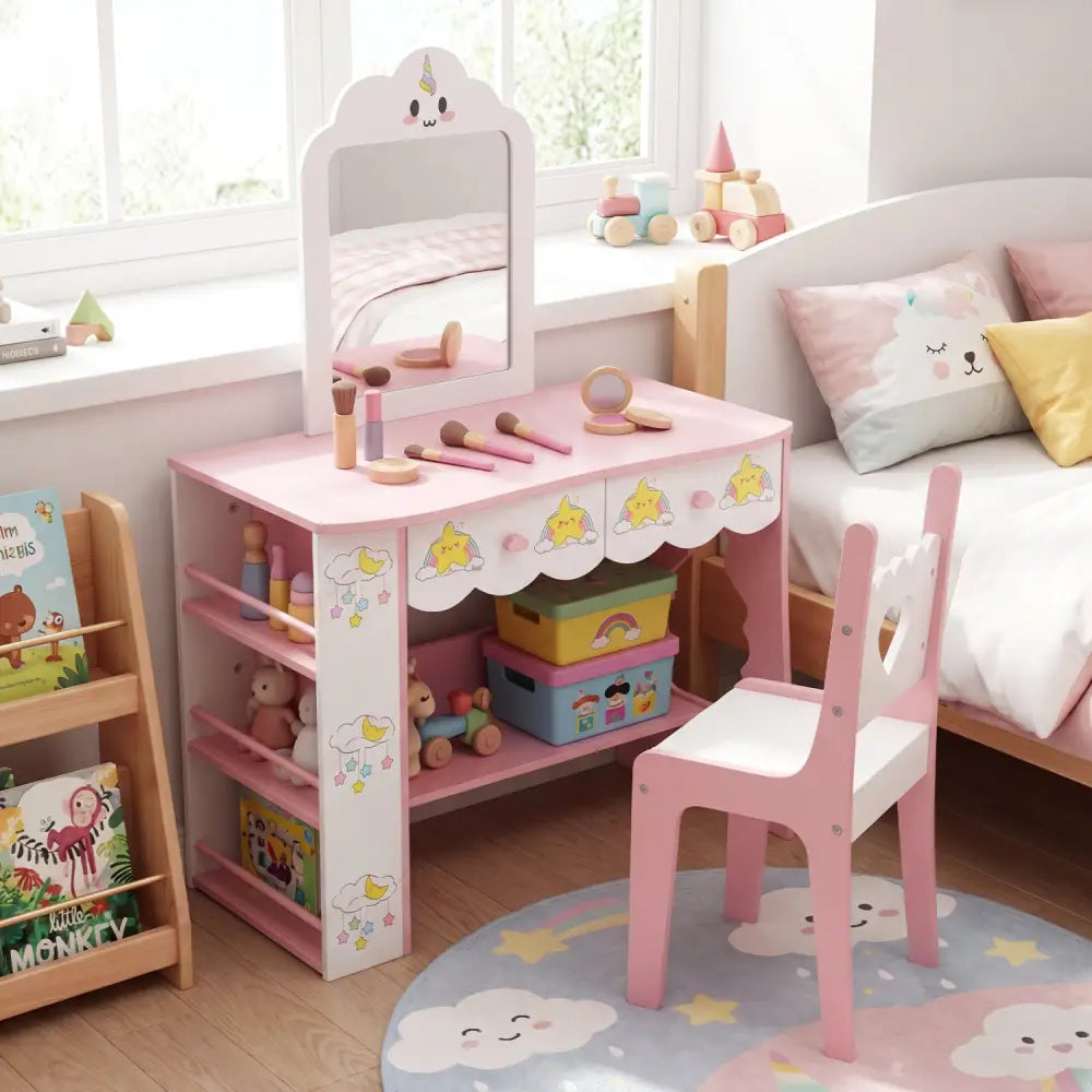 Kids Vanity Set Princess Girls Makeup Table with Mirror and Chair-White - White - Kids Vanities