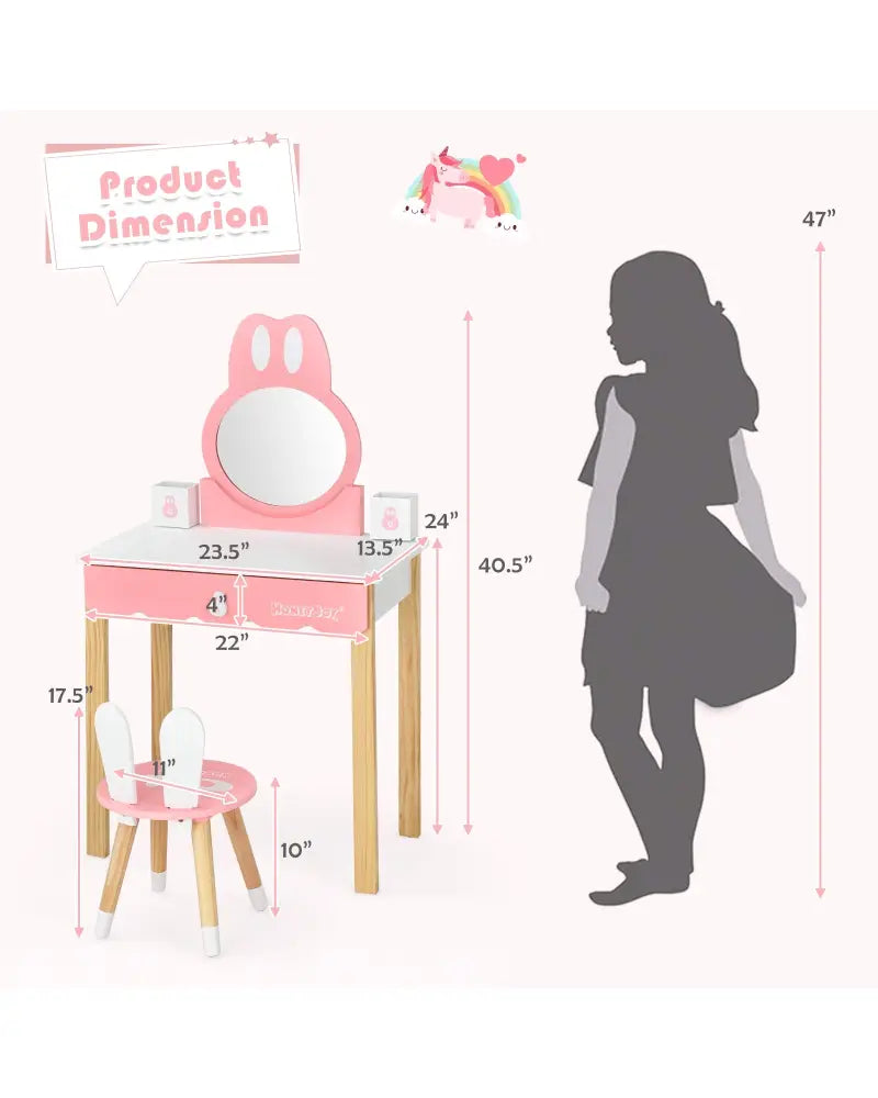 Kids Vanity Set Rabbit Makeup Dressing Table Chair Set with Mirror and Drawer-White - White - Kids Vanities