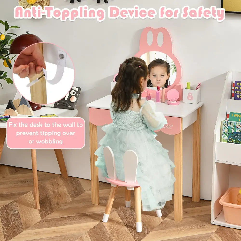 Kids Vanity Set Rabbit Makeup Dressing Table Chair Set with Mirror and Drawer-White - White - Kids Vanities
