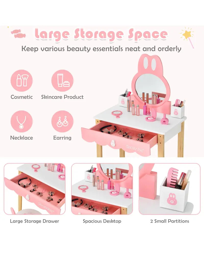 Kids Vanity Set Rabbit Makeup Dressing Table Chair Set with Mirror and Drawer-White - White - Kids Vanities