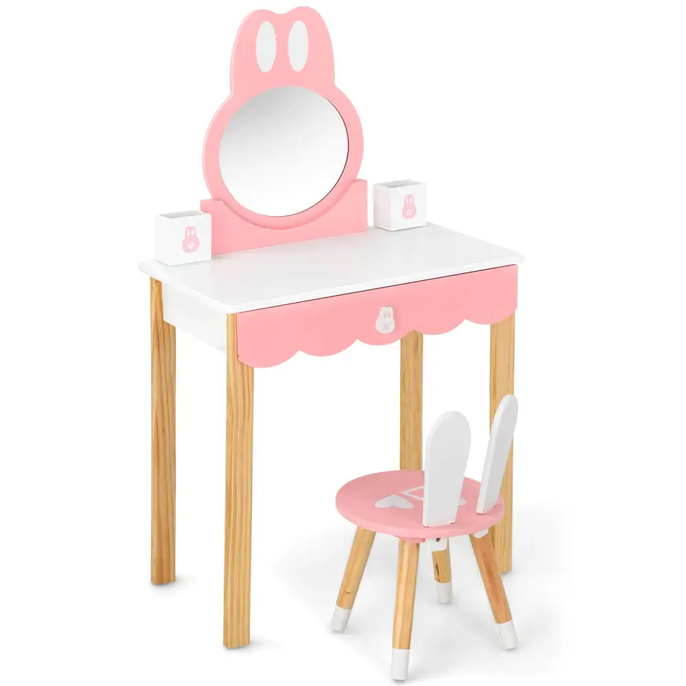 Kids Vanity Set Rabbit Makeup Dressing Table Chair Set with Mirror and Drawer-White - White - Kids Vanities