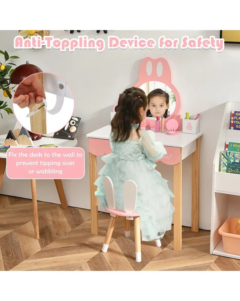 Kids Vanity Set Rabbit Makeup Dressing Table Chair Set with Mirror and Drawer-White - White - Kids Vanities