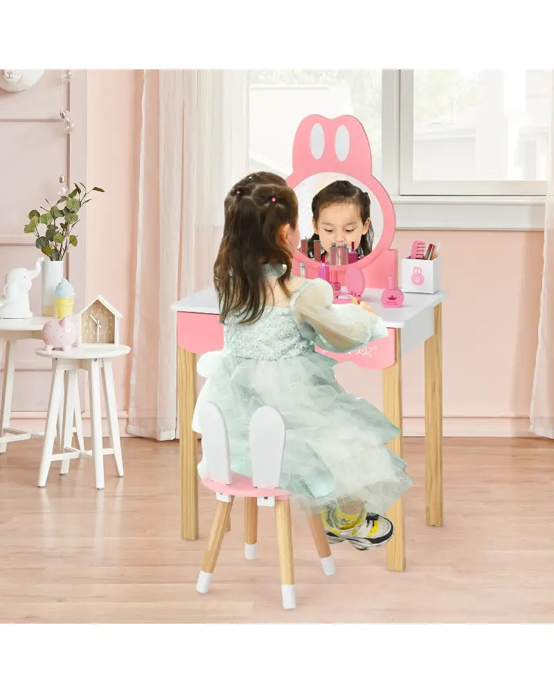 Kids Vanity Set Rabbit Makeup Dressing Table Chair Set with Mirror and Drawer-White - White - Kids Vanities