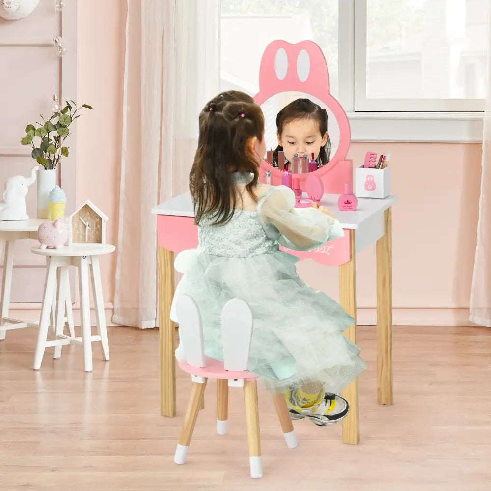 Kids Vanity Set Rabbit Makeup Dressing Table Chair Set with Mirror and Drawer-White - White - Kids Vanities