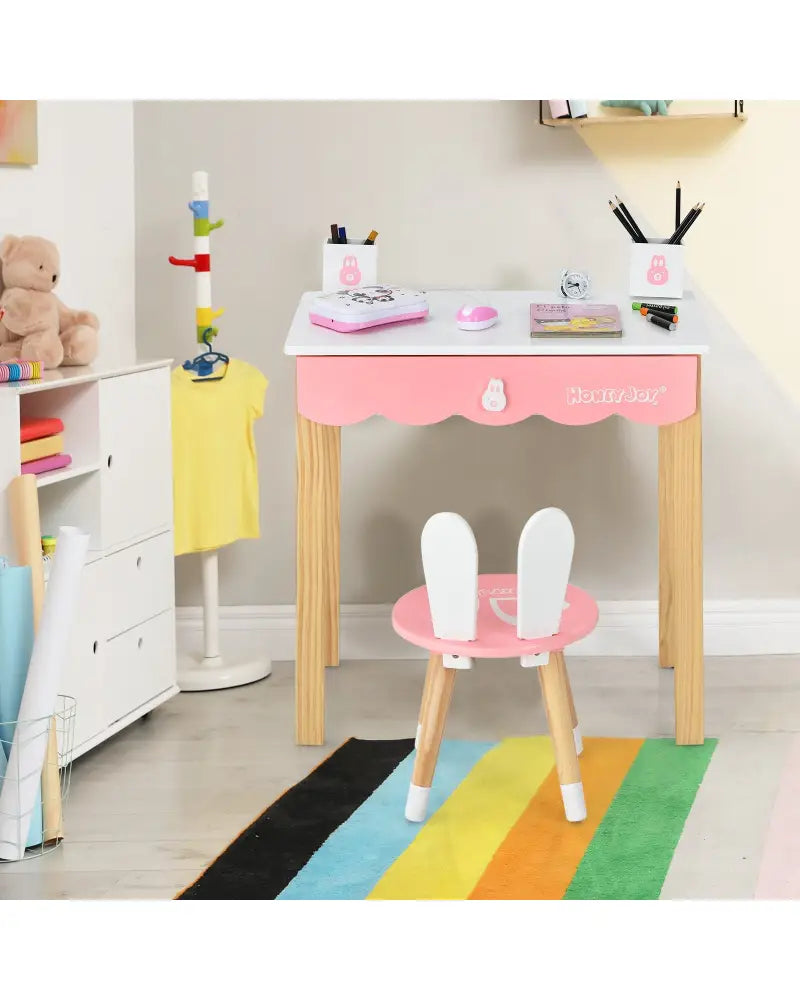 Kids Vanity Set Rabbit Makeup Dressing Table Chair Set with Mirror and Drawer-White - White - Kids Vanities