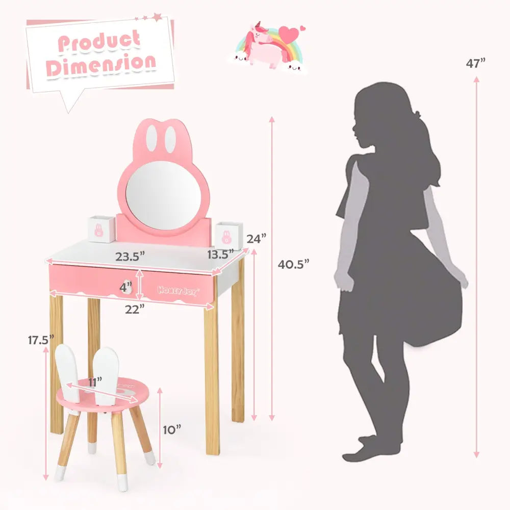 Kids Vanity Set Rabbit Makeup Dressing Table Chair Set with Mirror and Drawer-White - White - Kids Vanities