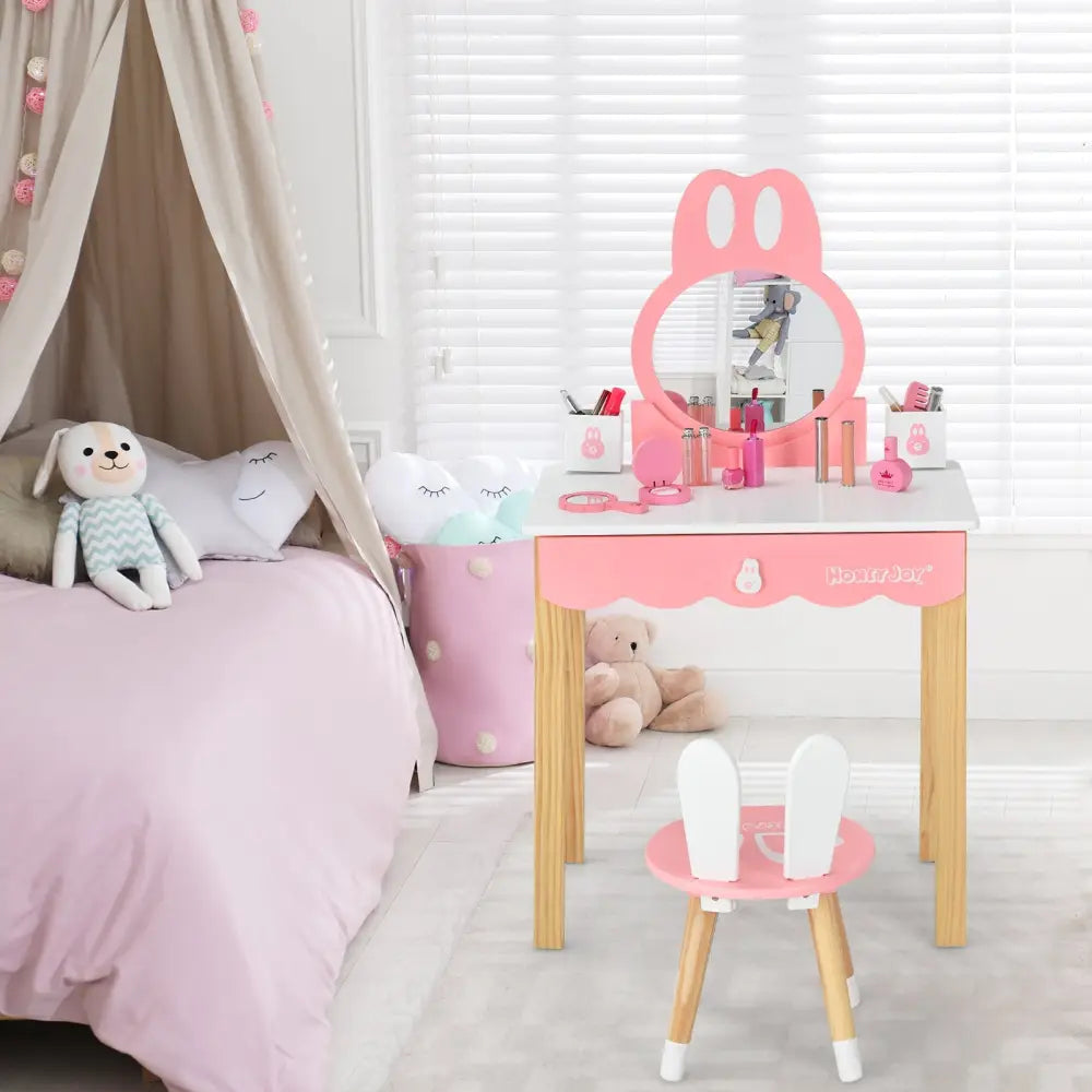 Kids Vanity Set Rabbit Makeup Dressing Table Chair Set with Mirror and Drawer-White - White - Kids Vanities