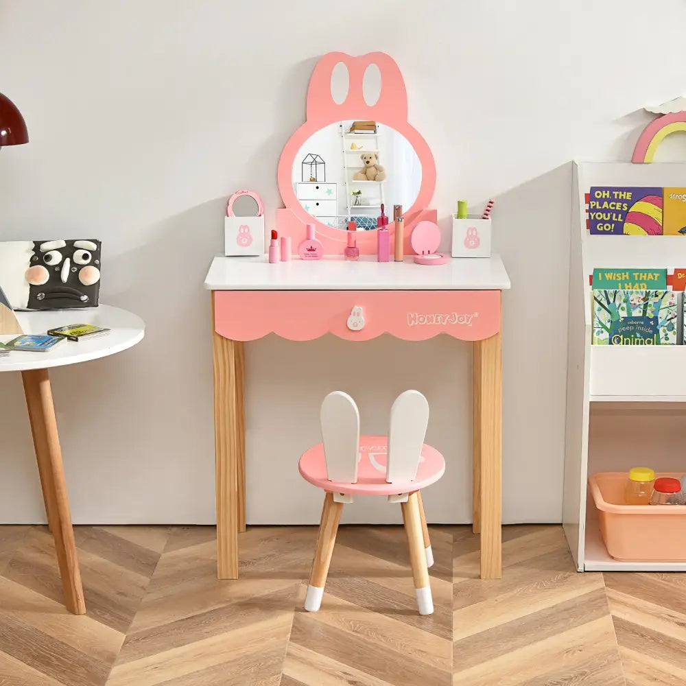 Kids Vanity Set Rabbit Makeup Dressing Table Chair Set with Mirror and Drawer-White - White - Kids Vanities