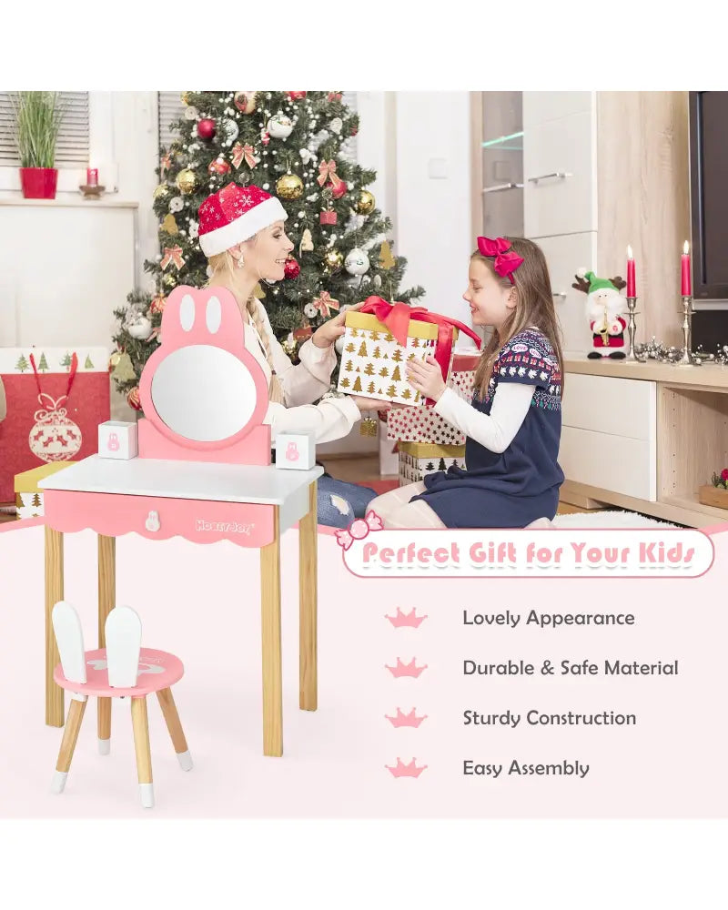 Kids Vanity Set Rabbit Makeup Dressing Table Chair Set with Mirror and Drawer-White - White - Kids Vanities