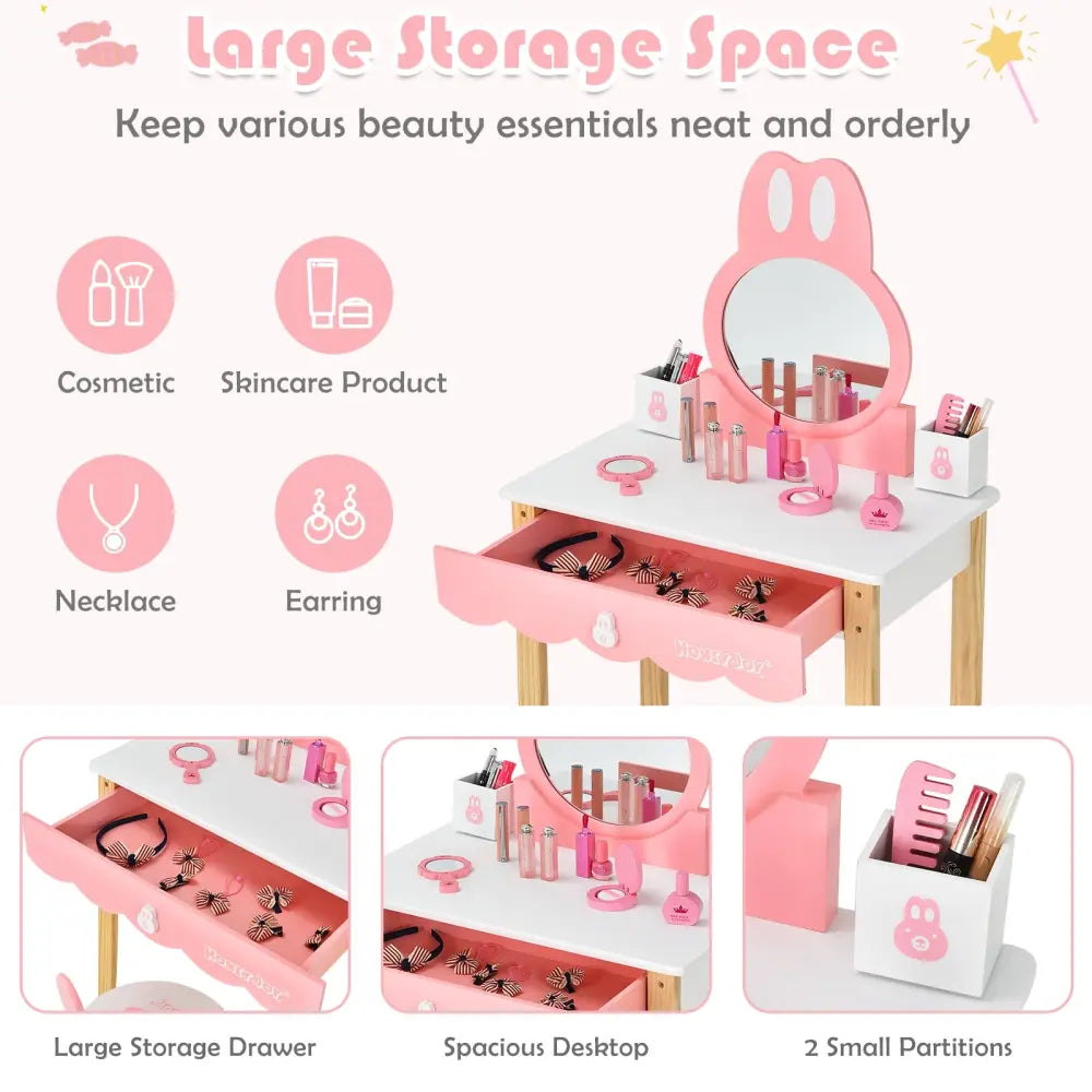 Kids Vanity Set Rabbit Makeup Dressing Table Chair Set with Mirror and Drawer-White - White - Kids Vanities