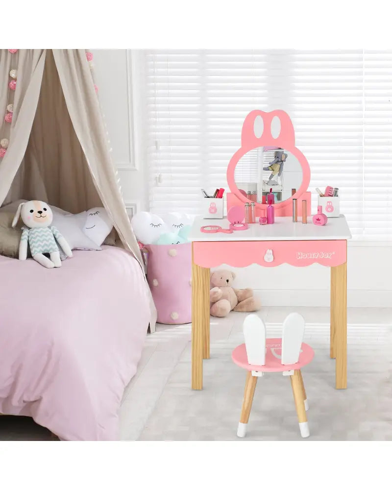 Kids Vanity Set Rabbit Makeup Dressing Table Chair Set with Mirror and Drawer-White - White - Kids Vanities