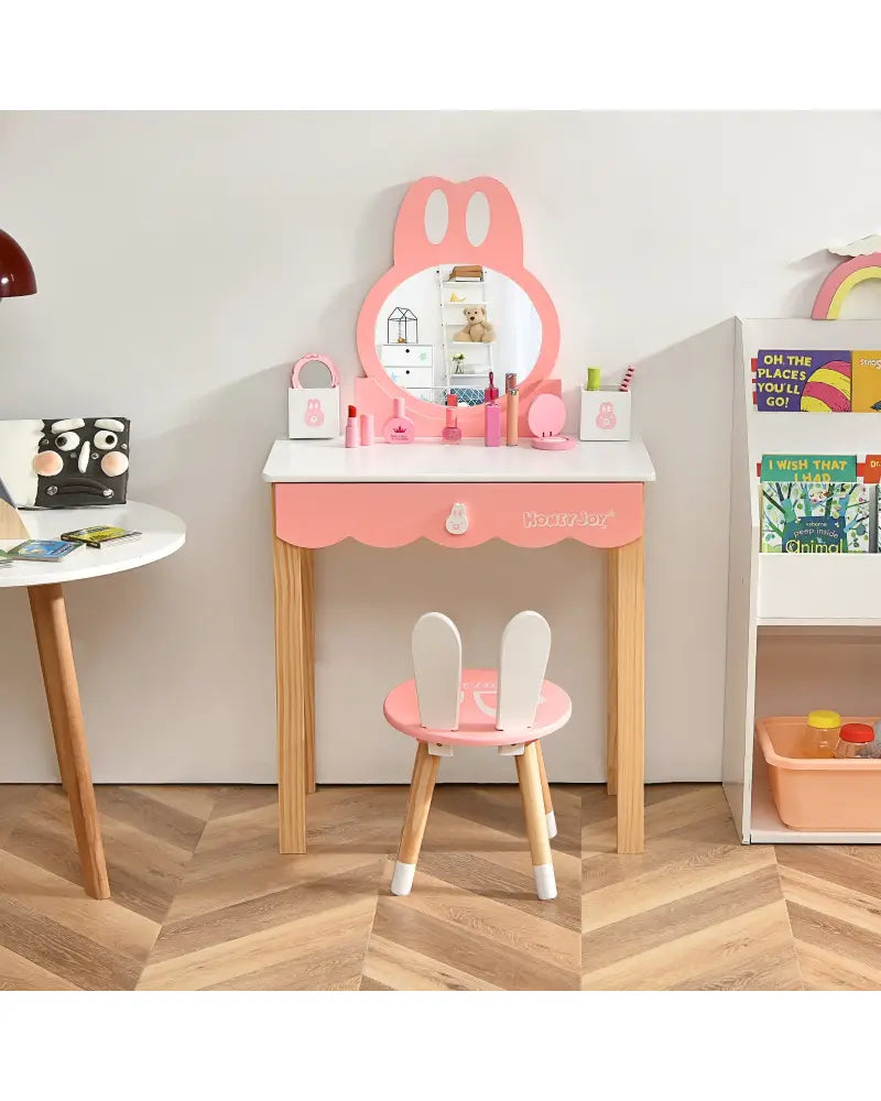 Kids Vanity Set Rabbit Makeup Dressing Table Chair Set with Mirror and Drawer-White - White - Kids Vanities