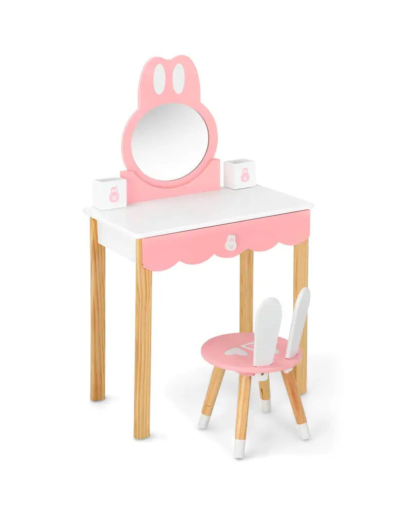 Kids Vanity Set Rabbit Makeup Dressing Table Chair Set with Mirror and Drawer-White - White - Kids Vanities