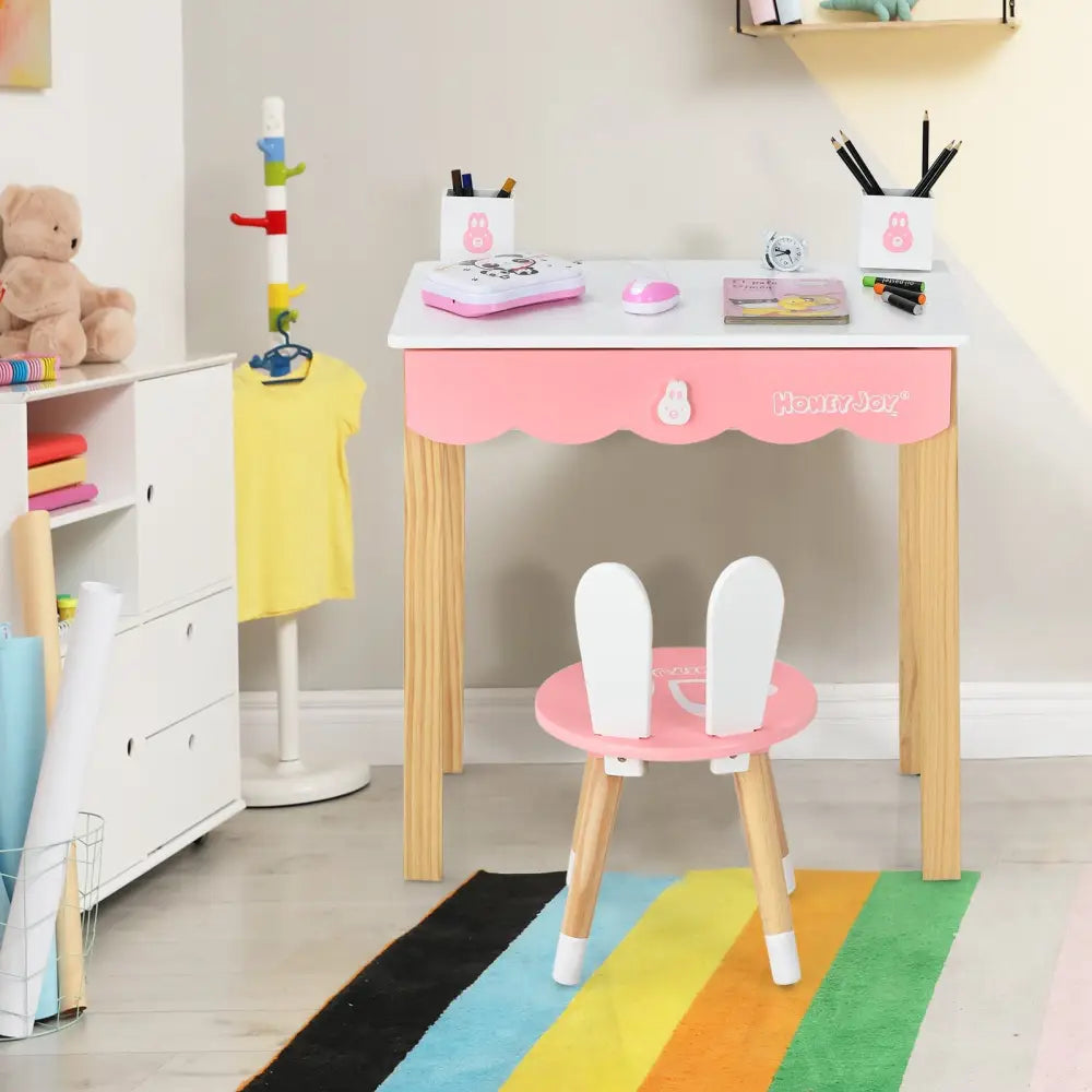 Kids Vanity Set Rabbit Makeup Dressing Table Chair Set with Mirror and Drawer-White - White - Kids Vanities