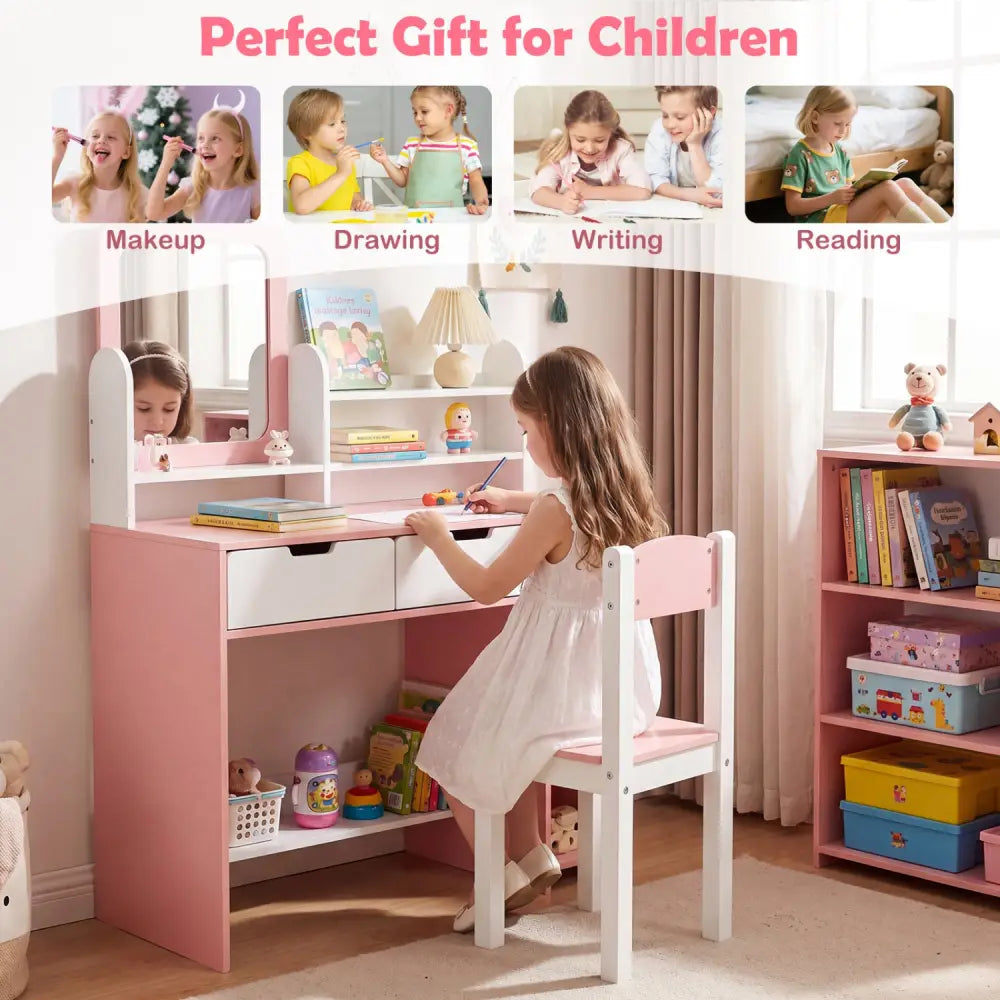 Kids Vanity Set with Chair and Mirror Makeup Dressing Desk with Storage Shelves and Drawers-White & Pink - White & Pink