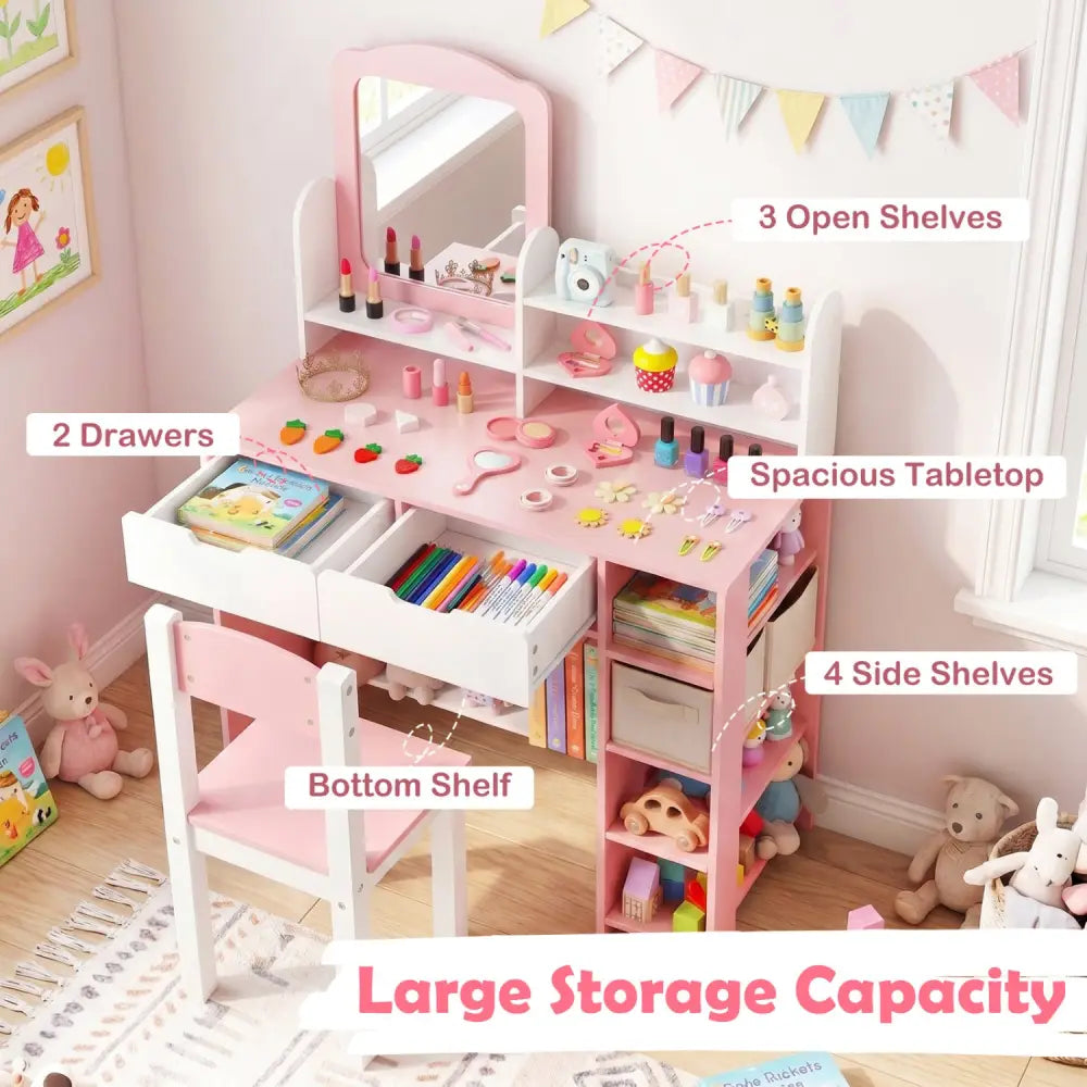 Kids Vanity Set with Chair and Mirror Makeup Dressing Desk with Storage Shelves and Drawers-White & Pink - White & Pink