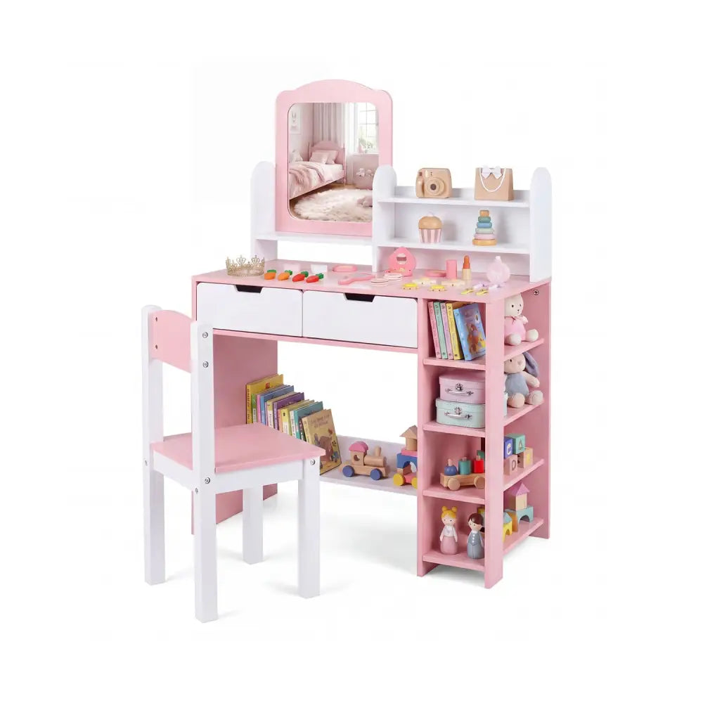 Kids Vanity Set with Chair and Mirror Makeup Dressing Desk with Storage Shelves and Drawers-White & Pink - White & Pink