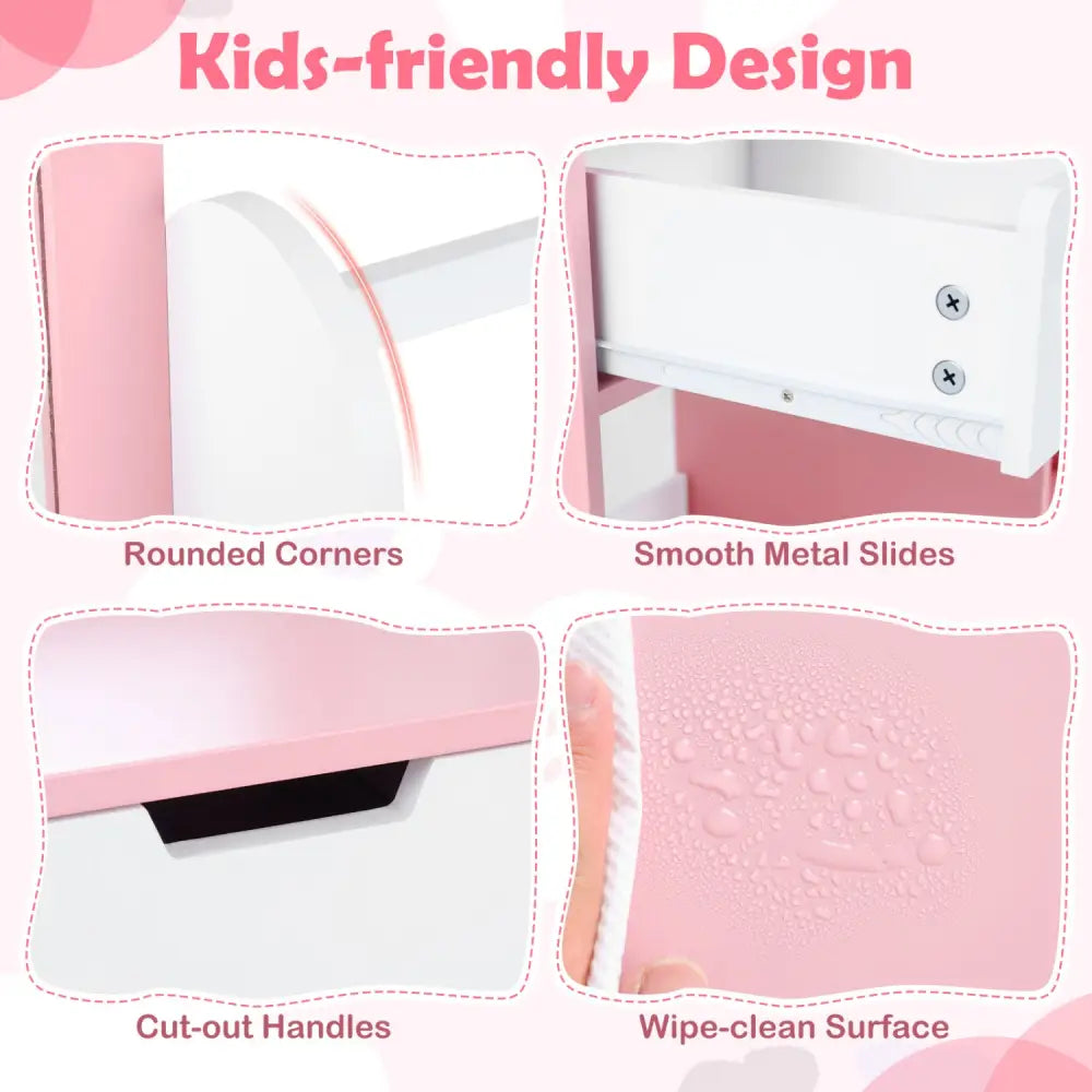Kids Vanity Set with Chair and Mirror Makeup Dressing Desk with Storage Shelves and Drawers-White & Pink - White & Pink