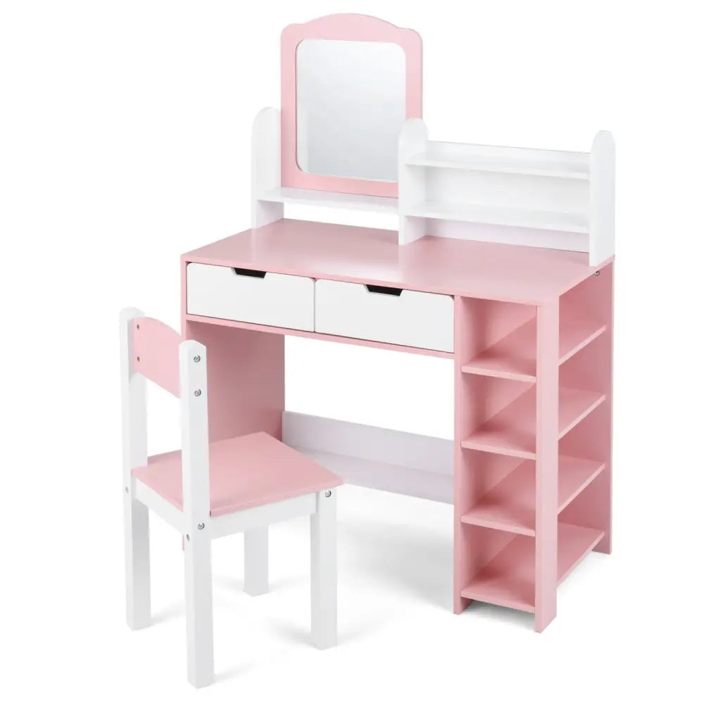 Kids Vanity Set with Chair and Mirror Makeup Dressing Desk with Storage Shelves and Drawers-White & Pink - White & Pink