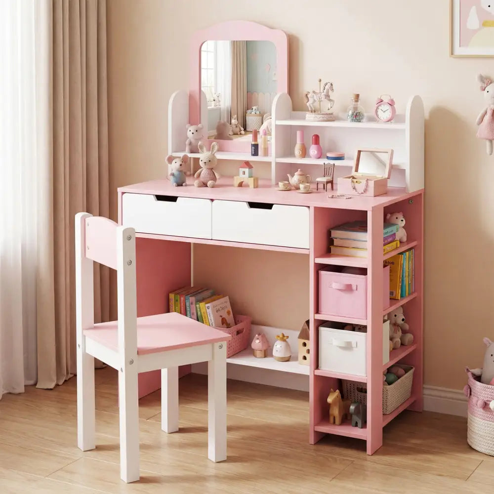 Kids Vanity Set with Chair and Mirror Makeup Dressing Desk with Storage Shelves and Drawers-White & Pink - White & Pink