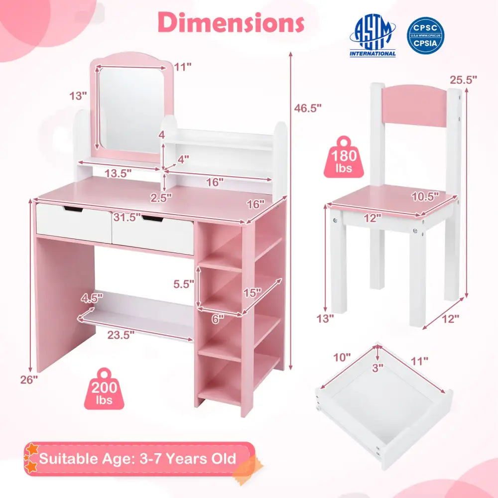Kids Vanity Set with Chair and Mirror Makeup Dressing Desk with Storage Shelves and Drawers-White & Pink - White & Pink
