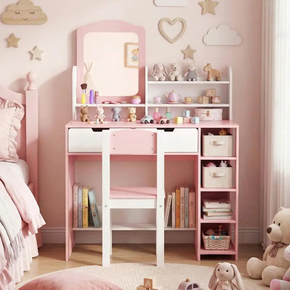 Kids Vanity Set with Chair and Mirror Makeup Dressing Desk with Storage Shelves and Drawers-White & Pink - White & Pink