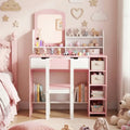 Kids Vanity Set with Chair and Mirror Makeup Dressing Desk with Storage Shelves and Drawers-White & Pink - White & Pink