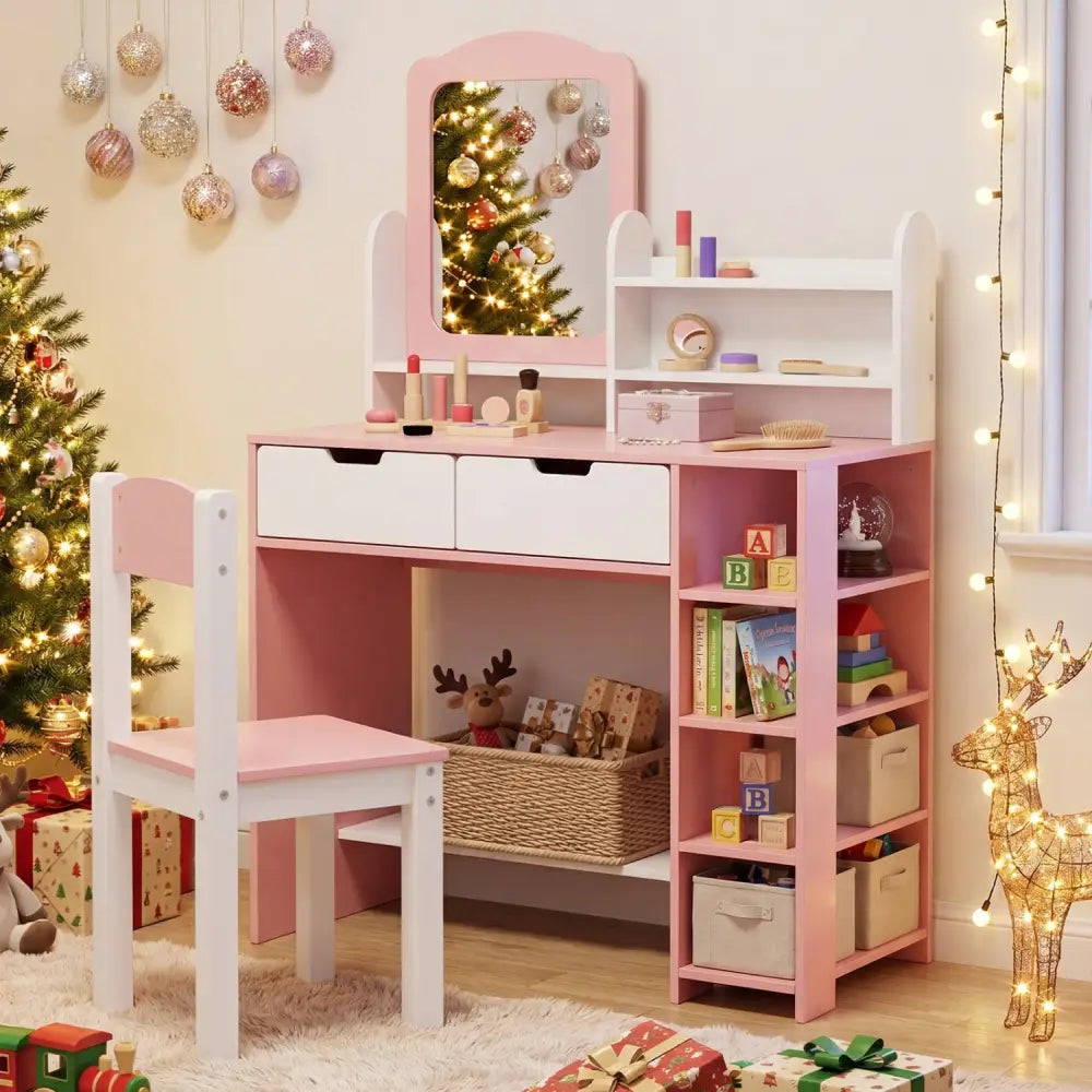 Kids Vanity Set with Chair and Mirror Makeup Dressing Desk with Storage Shelves and Drawers-White & Pink - White & Pink