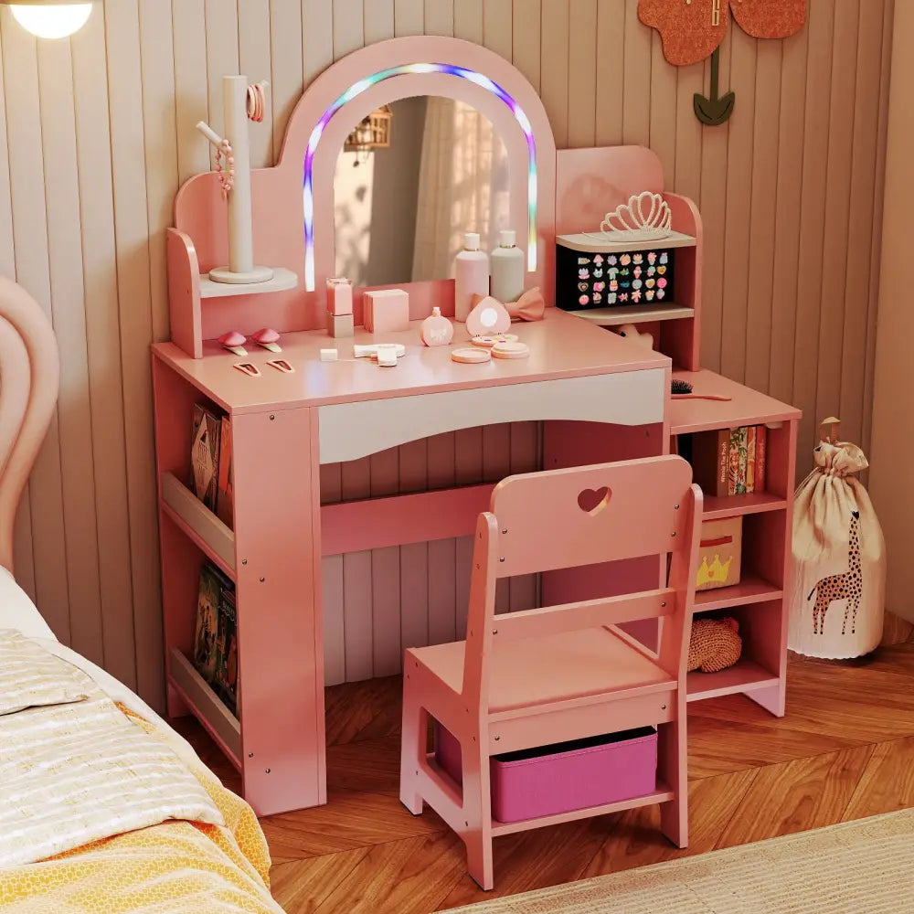 Kids Vanity Set with Colorful LED Lights Princess Makeup Dressing Table with Chair-Pink - Pink - Kids Vanities