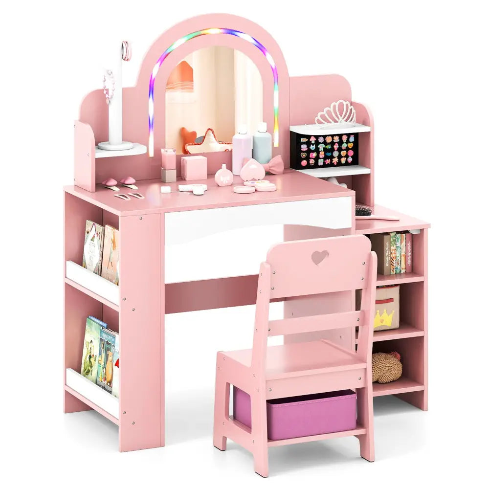 Kids Vanity Set with Colorful LED Lights Princess Makeup Dressing Table with Chair-Pink - Pink - Kids Vanities
