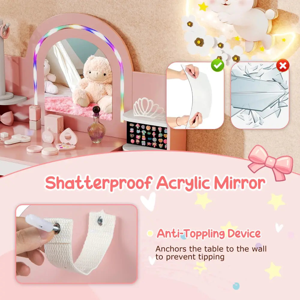 Kids Vanity Set with Colorful LED Lights Princess Makeup Dressing Table with Chair-Pink - Pink - Kids Vanities