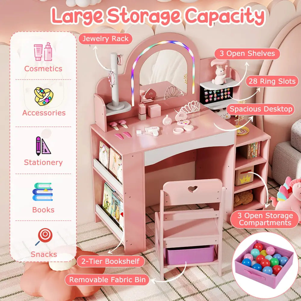 Kids Vanity Set with Colorful LED Lights Princess Makeup Dressing Table with Chair-Pink - Pink - Kids Vanities