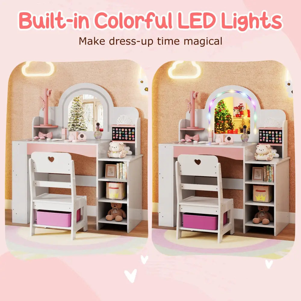 Kids Vanity Set with Colorful LED Lights Princess Makeup Dressing Table with Chair-White - White - Kids Vanities