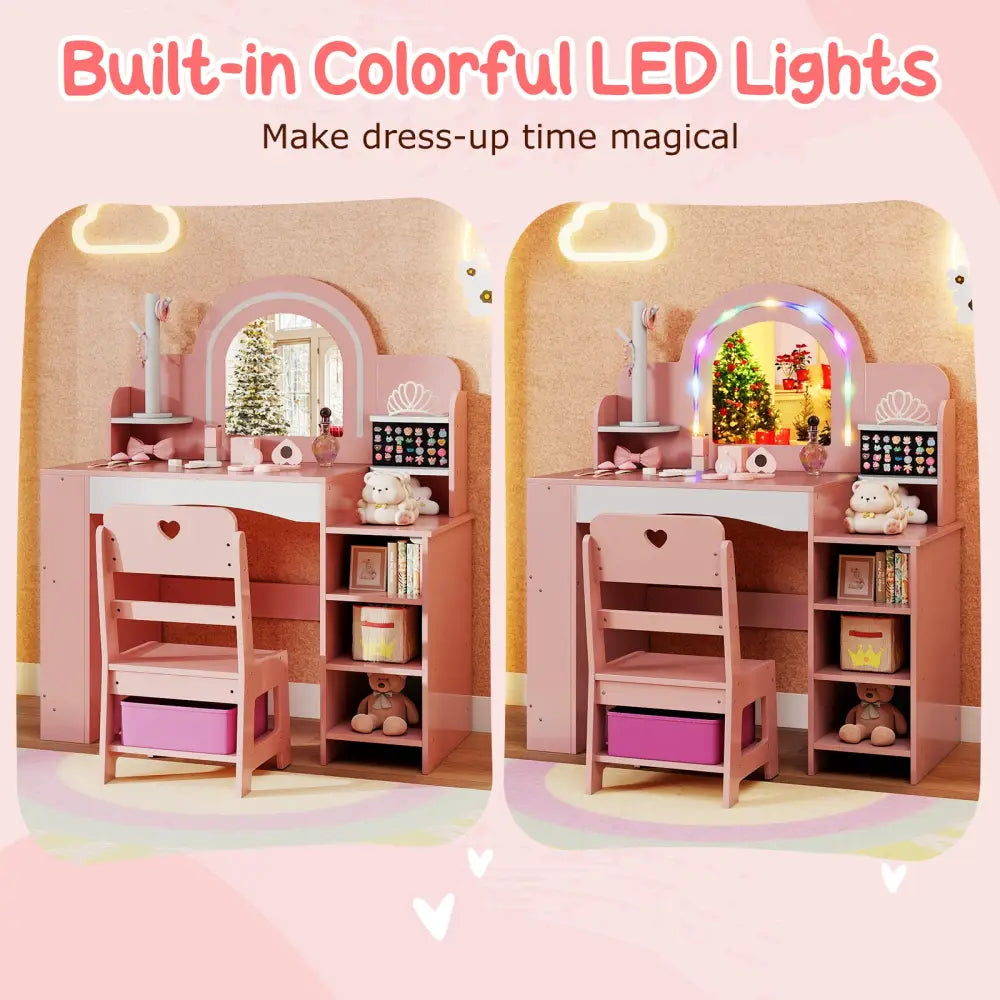 Kids Vanity Set with Colorful LED Lights Princess Makeup Dressing Table with Chair-Pink - Pink - Kids Vanities