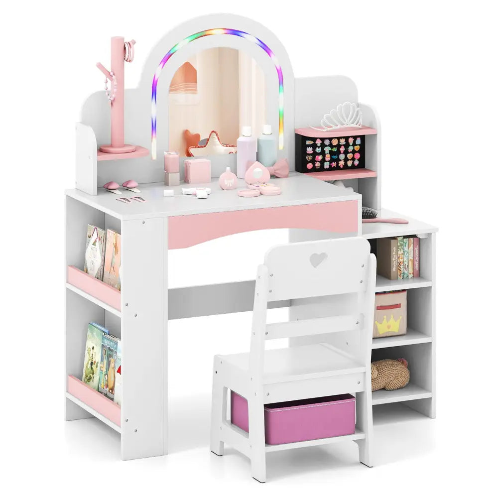 Kids Vanity Set with Colorful LED Lights Princess Makeup Dressing Table with Chair-White - White - Kids Vanities