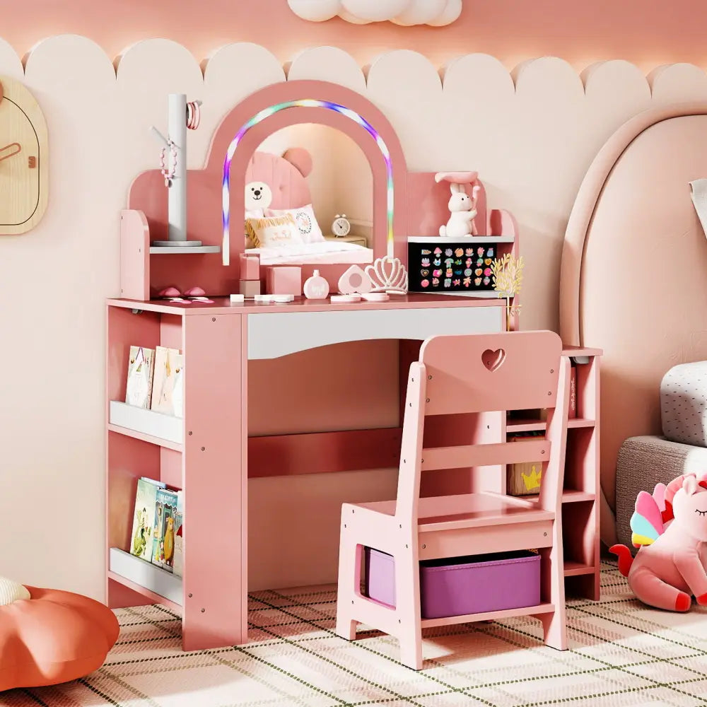Kids Vanity Set with Colorful LED Lights Princess Makeup Dressing Table with Chair-Pink - Pink - Kids Vanities