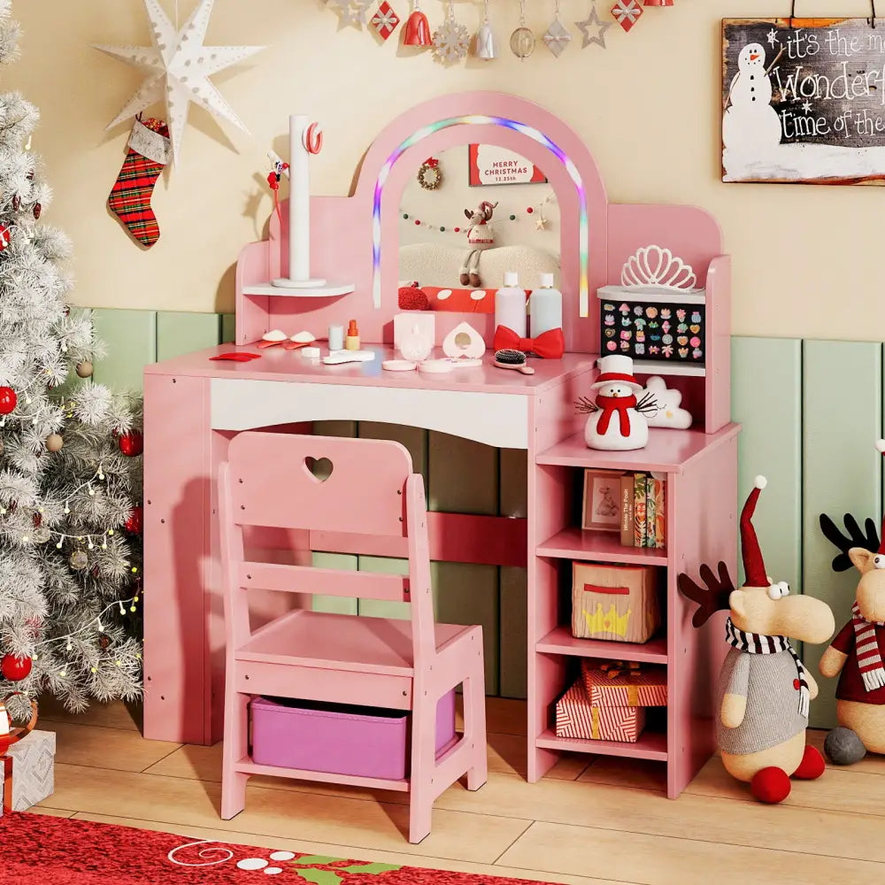 Kids Vanity Set with Colorful LED Lights Princess Makeup Dressing Table with Chair-Pink - Pink - Kids Vanities