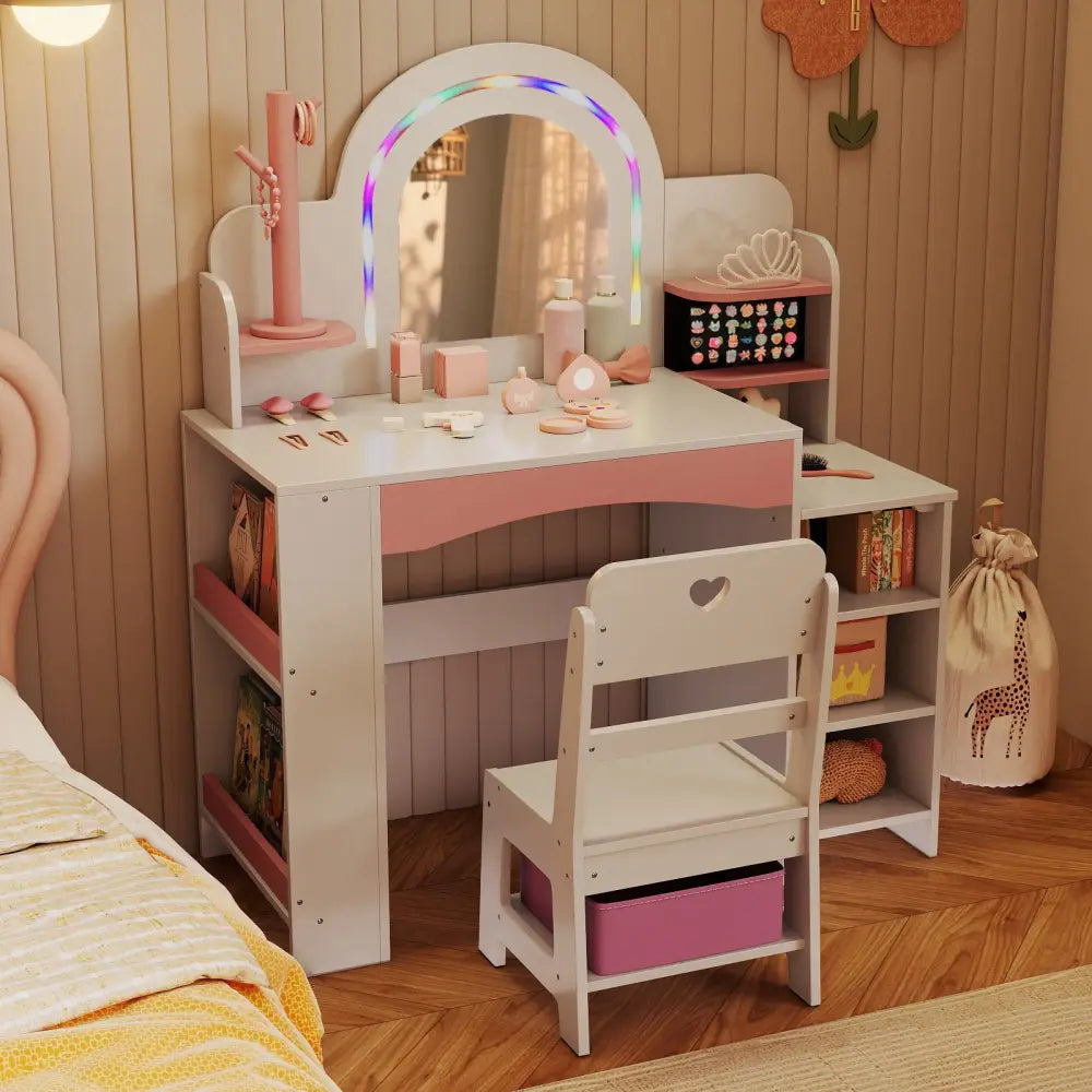 Kids Vanity Set with Colorful LED Lights Princess Makeup Dressing Table with Chair-White - White - Kids Vanities