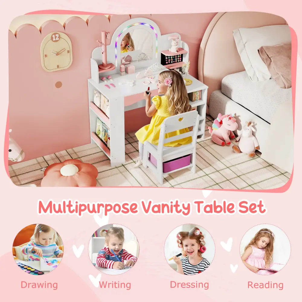 Kids Vanity Set with Colorful LED Lights Princess Makeup Dressing Table with Chair-White - White - Kids Vanities