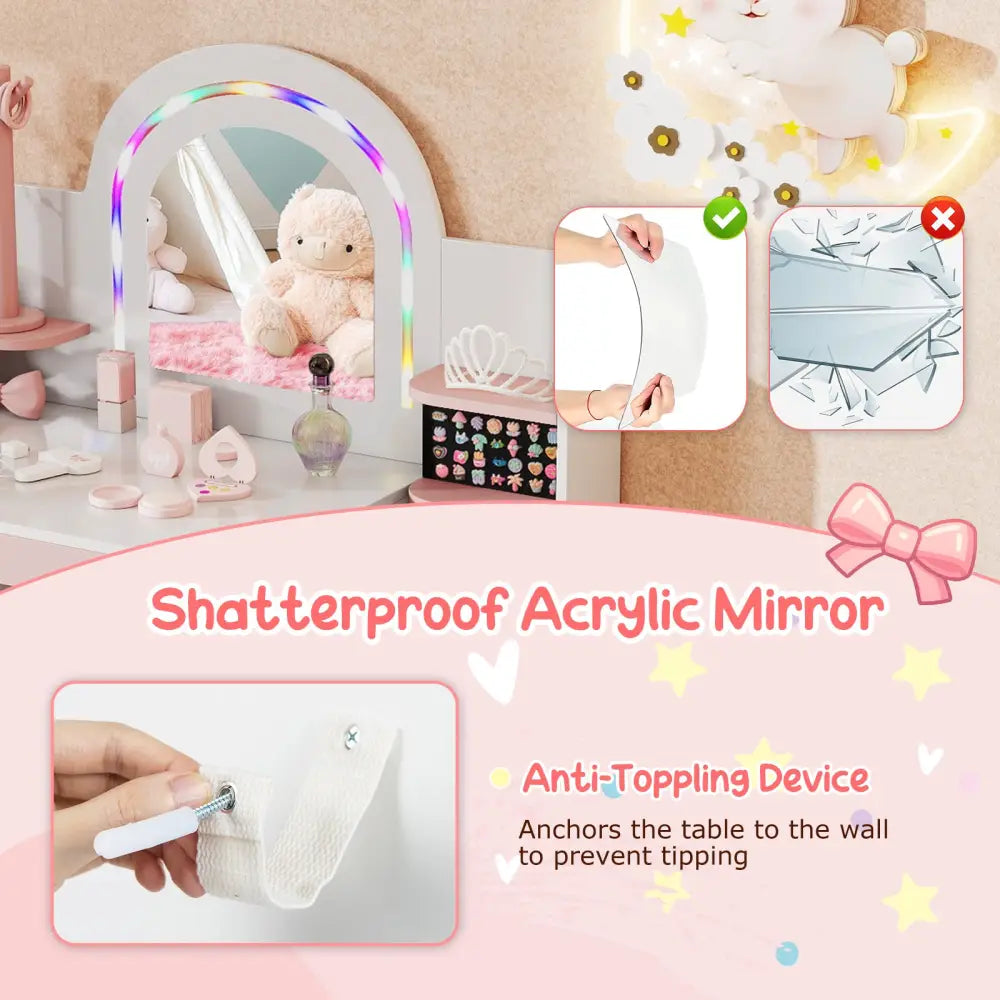 Kids Vanity Set with Colorful LED Lights Princess Makeup Dressing Table with Chair-White - White - Kids Vanities
