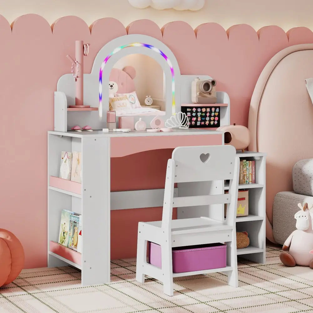 Kids Vanity Set with Colorful LED Lights Princess Makeup Dressing Table with Chair-White - White - Kids Vanities