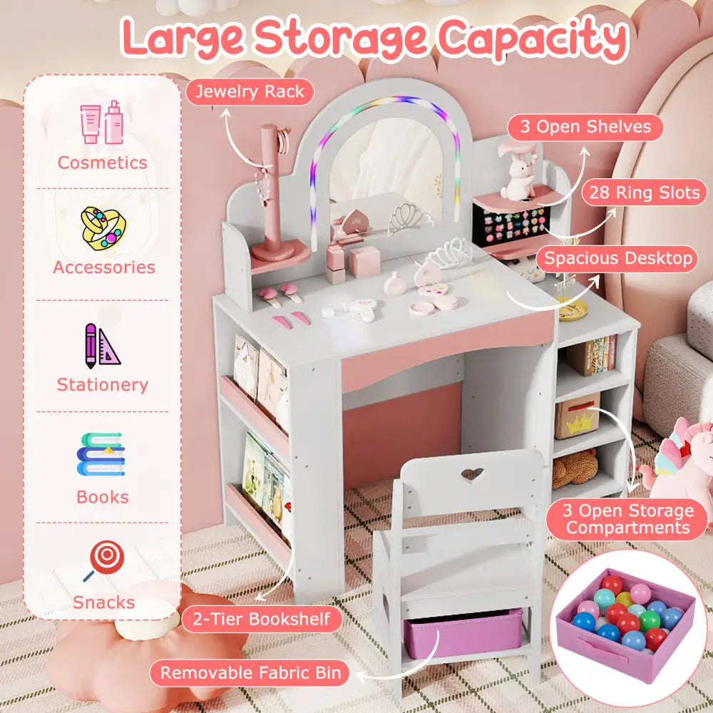 Kids Vanity Set with Colorful LED Lights Princess Makeup Dressing Table with Chair-White - White - Kids Vanities