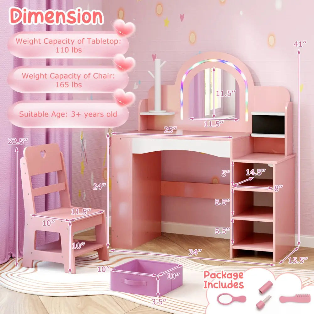 Kids Vanity Set with Colorful LED Lights Princess Makeup Dressing Table with Chair-Pink - Pink - Kids Vanities